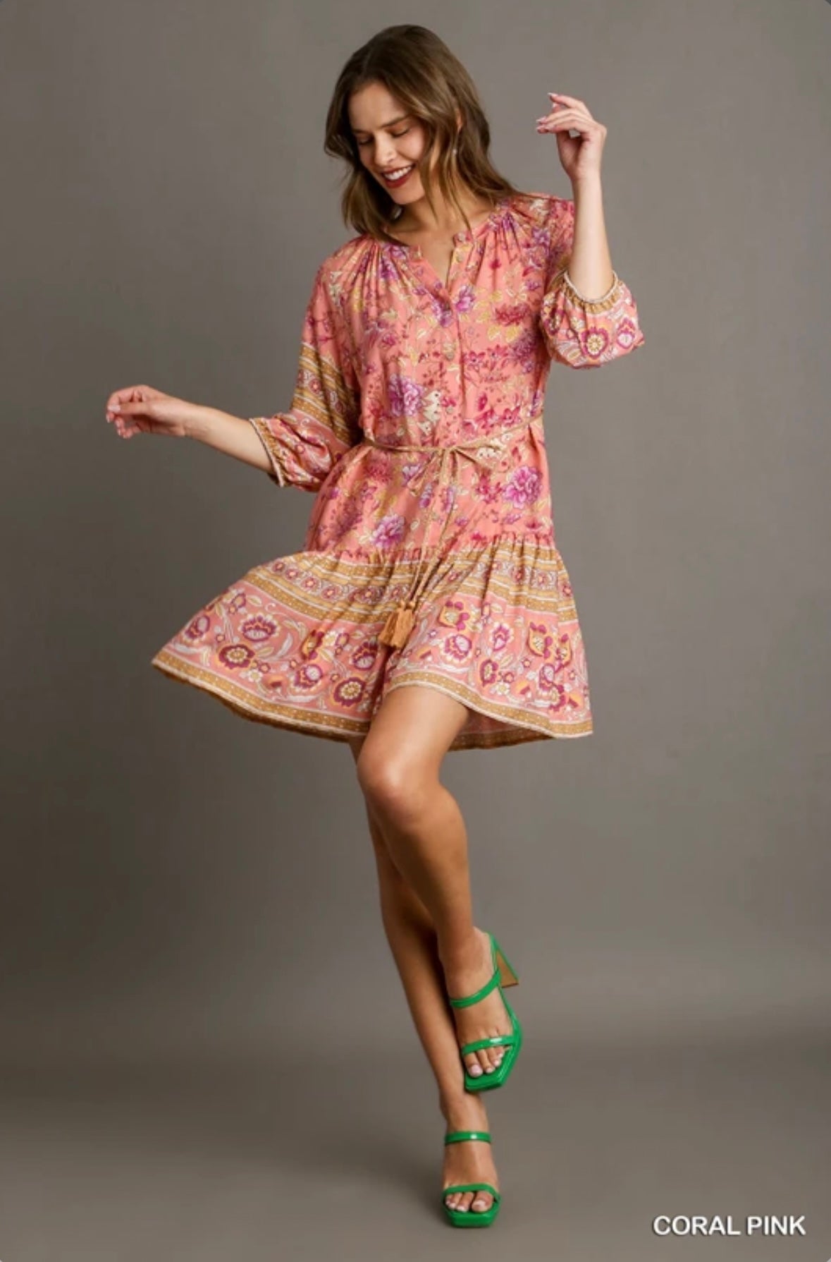 C3703 Border Print Mid Button Down Dress with 3/4 Sleeves, Belt Wait Tassel Tie