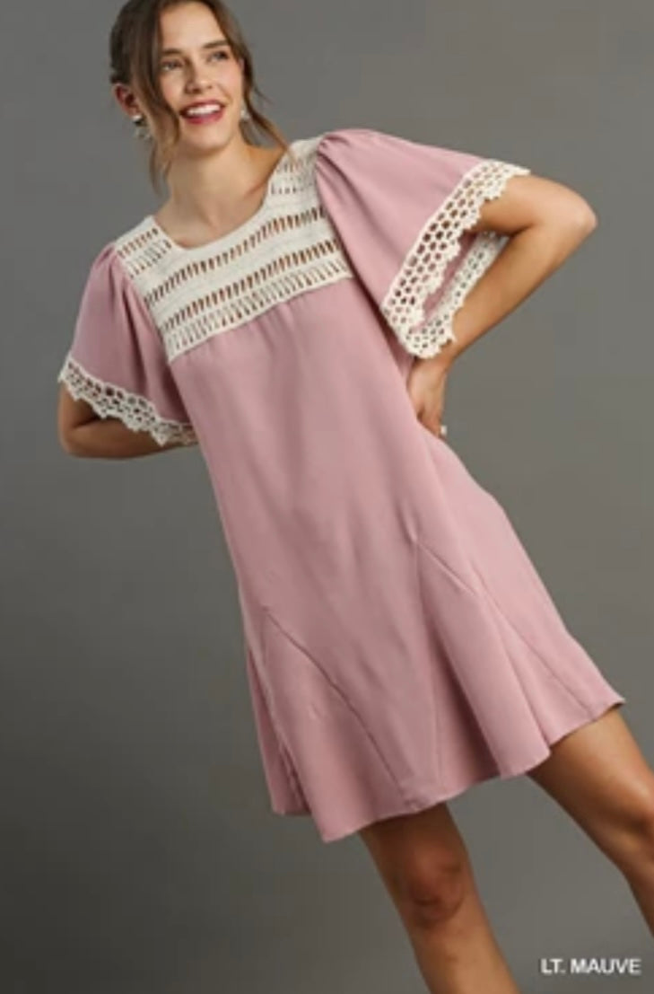 K6871 Handmade Crochet Detail Dress with Back Adjustable Tie-STONE COLOR