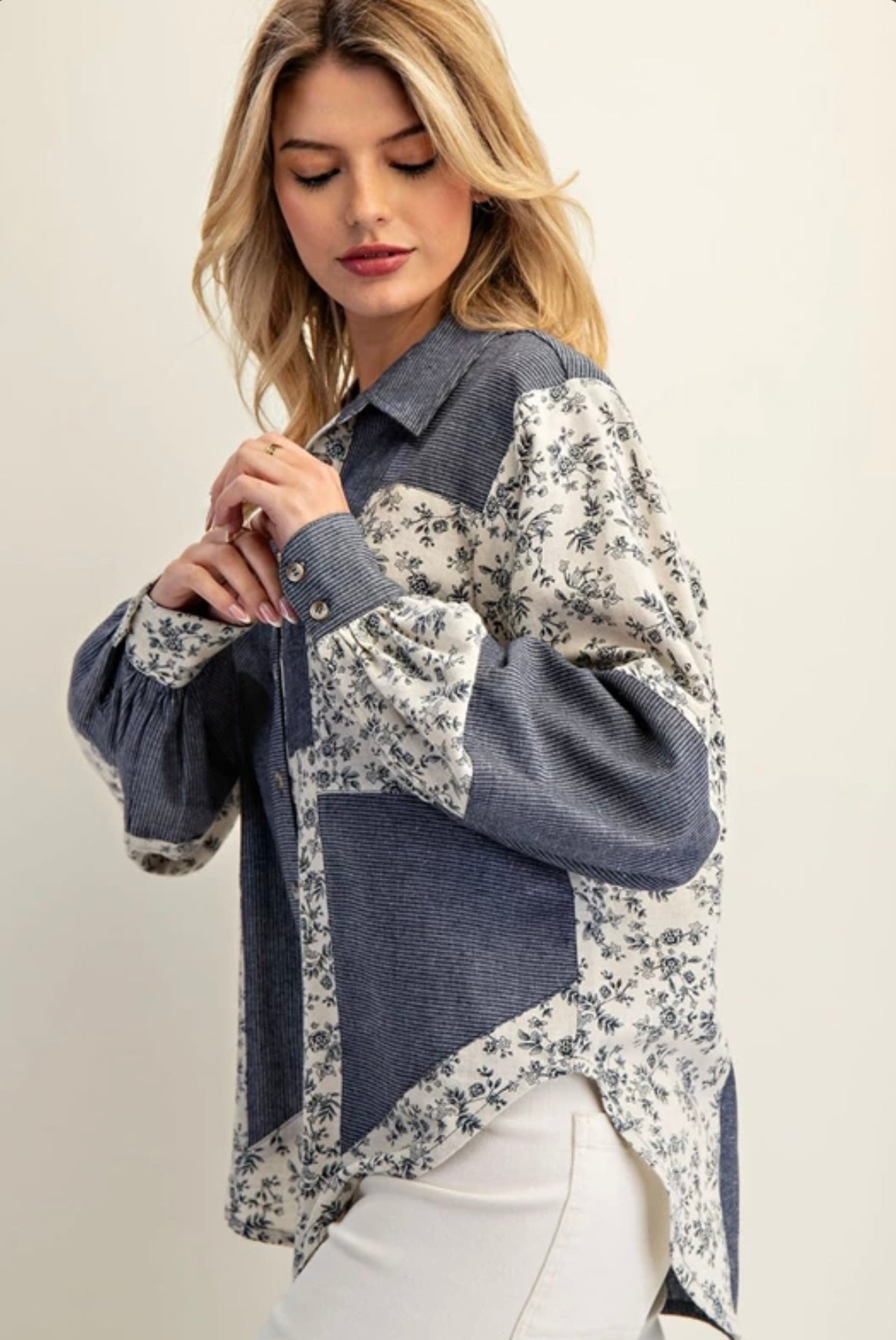 TY13137 Color Block Button Down Denim Shirt