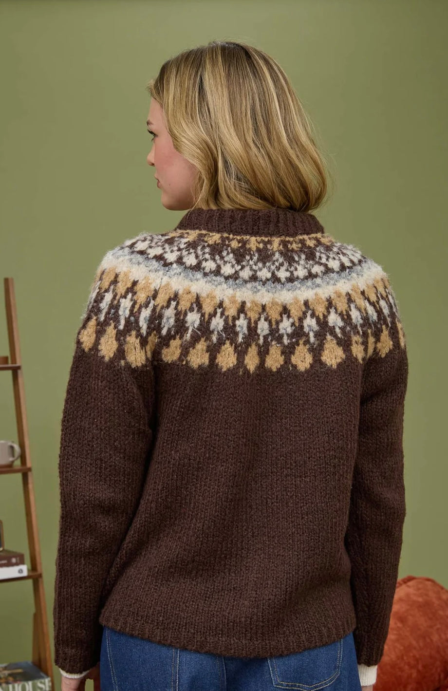 B5FJ1004 FAIR ISLE PATTERN LONG SLEEVE KNIT CARDIGAN