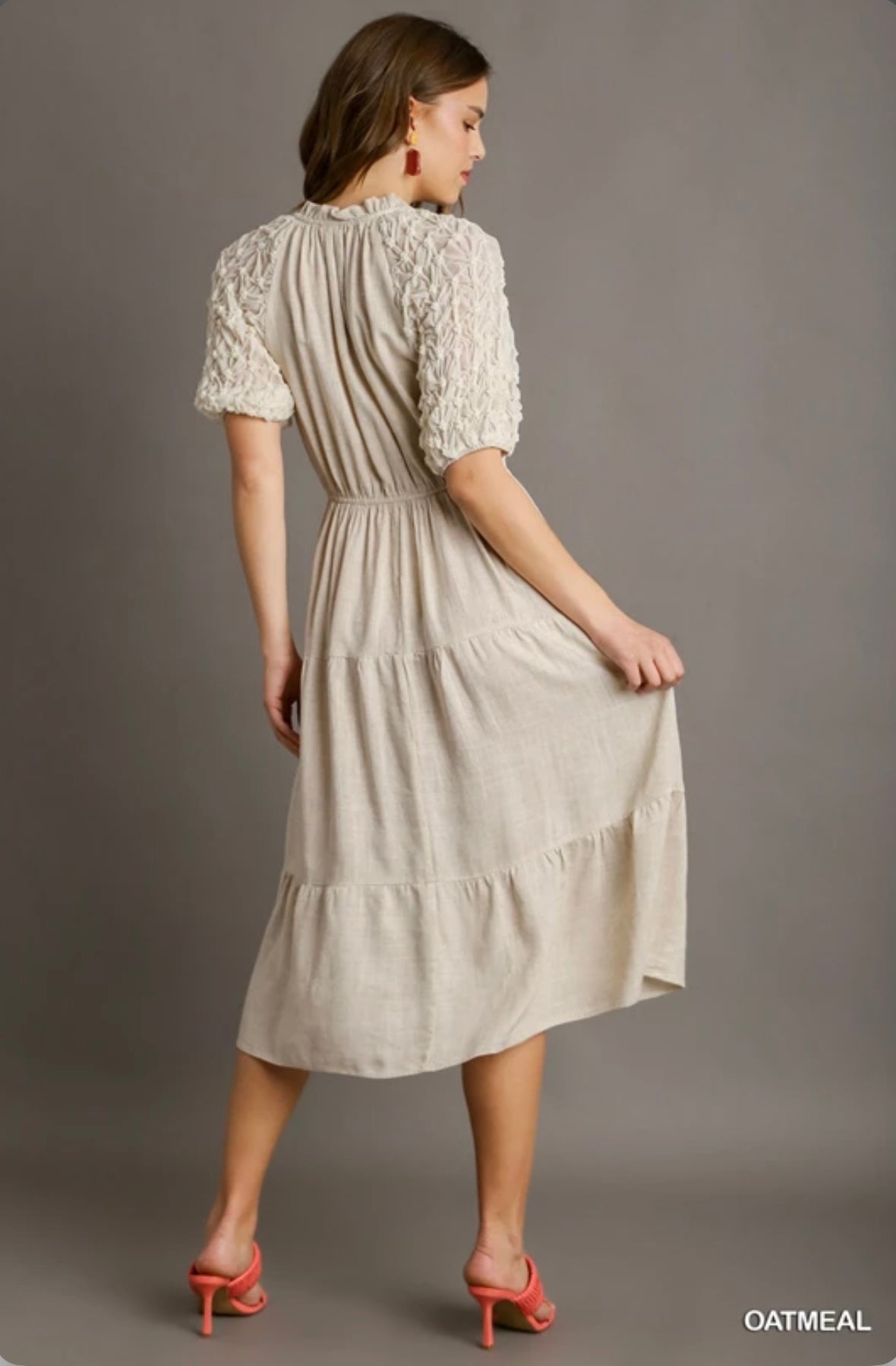 B8501 Linen Split Neck Front Tie Midi Dress