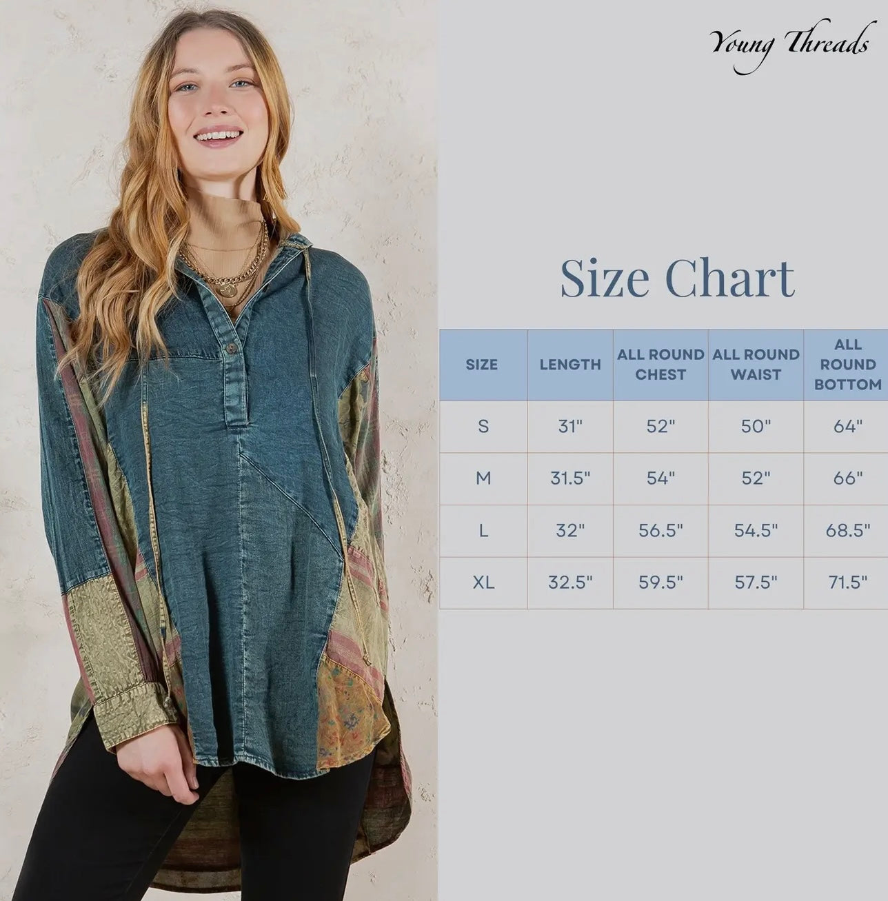 Western Boho Chic: Hooded High Low Patchwork Top