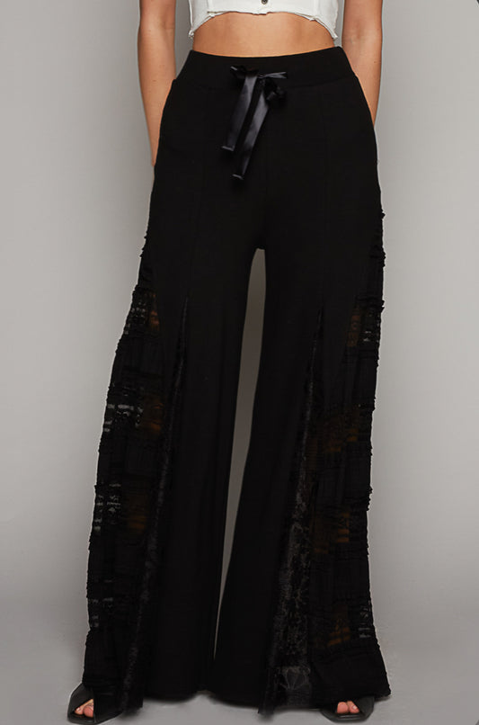 YKP112A Wide pants, thermal and lace mix with satin tie detail pointed solid pattern.