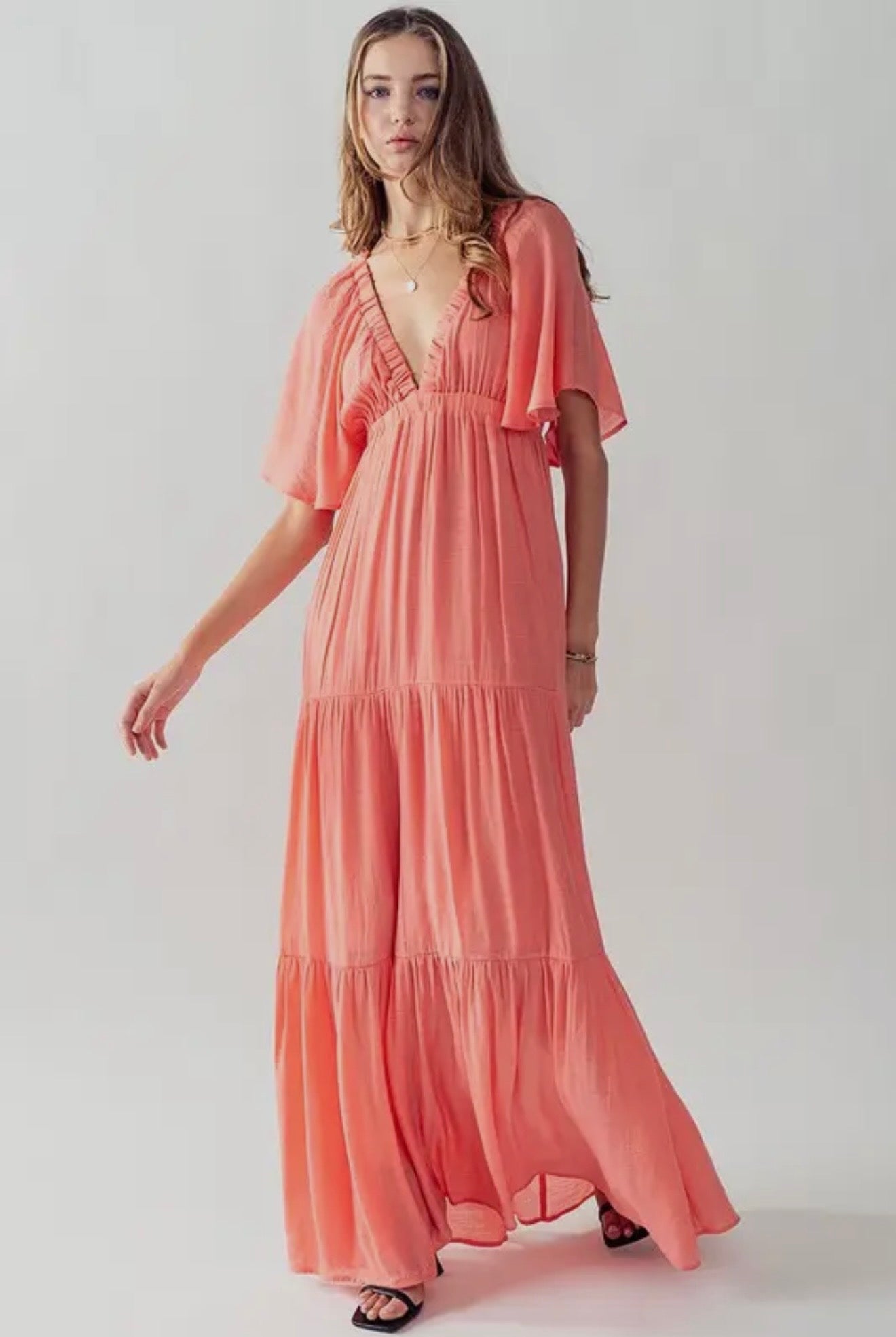 UDHF24E235 Deep V Neck Tiered Maxi Dress-Coral