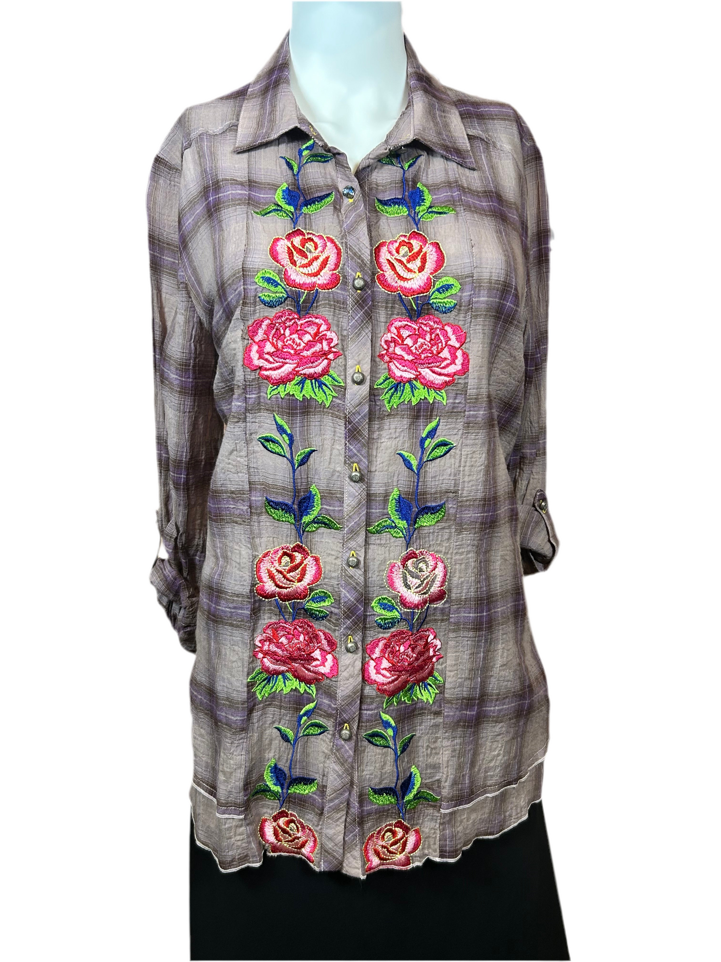 ARATTA Long Plaid Embroidered Shirt