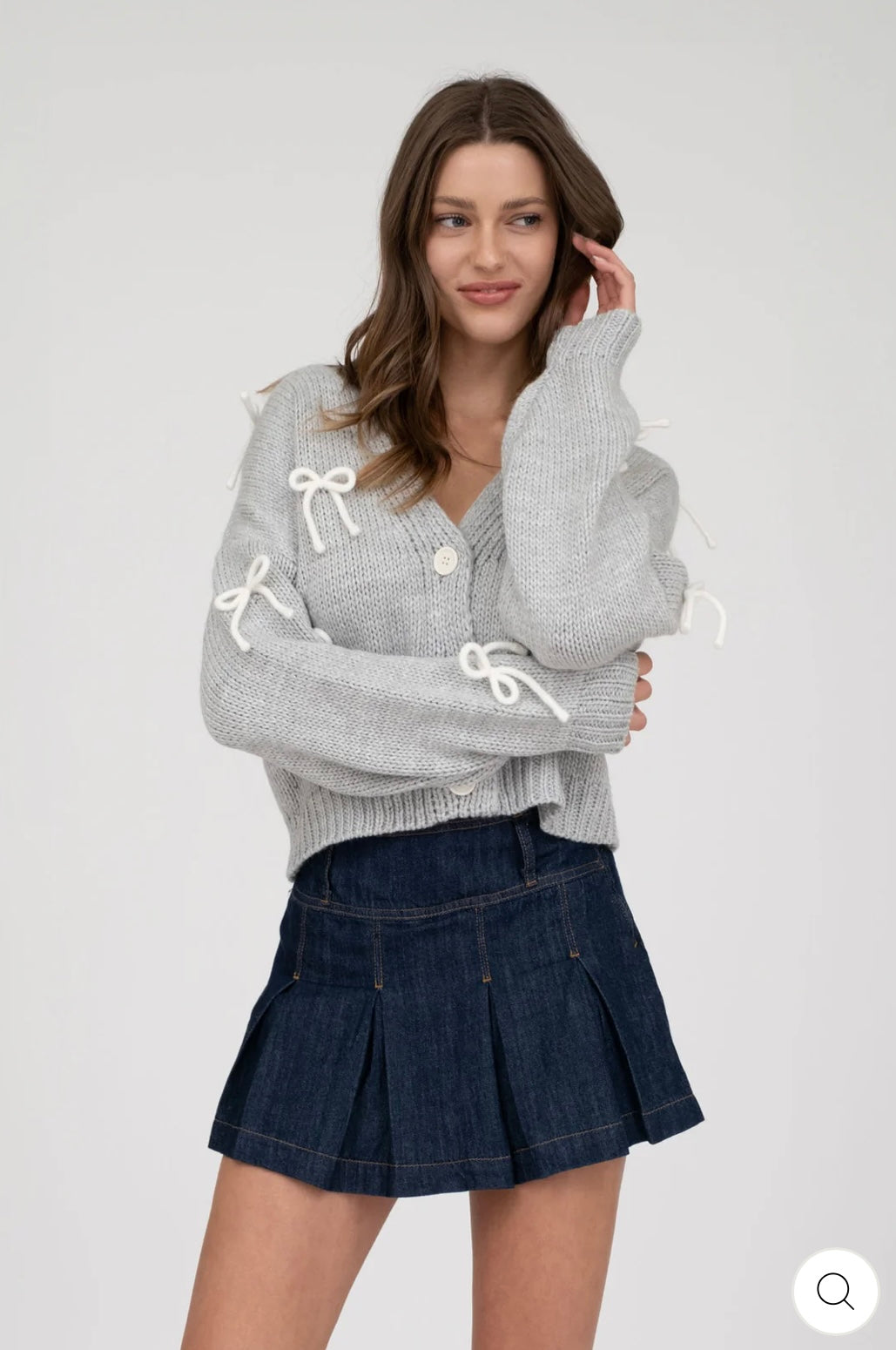 B5SJ1004 BOW DETAIL BUTTON DOWN CROPPED KNIT CARDIGAN