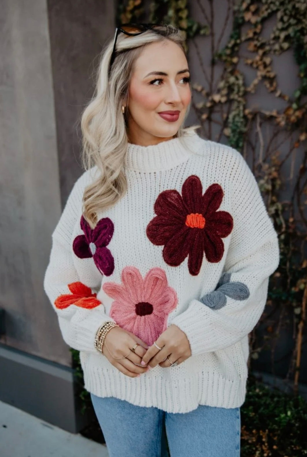 KDC-SWTR-03 TAN KNIT FLORAL STITCHED SWEATER