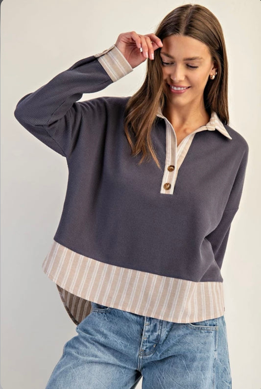 TK14113 Striped Contrast Trim Waffle Knit Collared Top