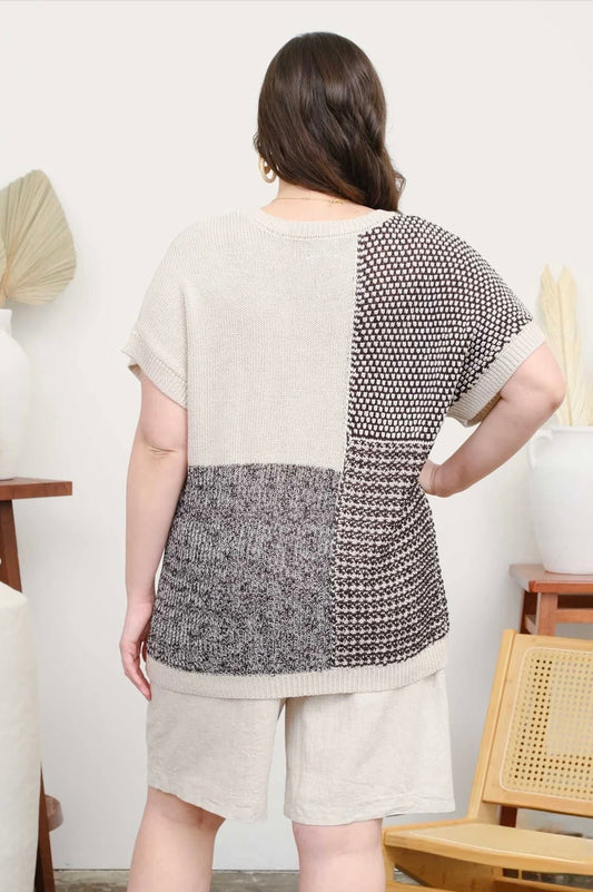 PB5ST1047 PLUS MULTI PATTERN COLORBLOCK SHORT SLEEVE SWEATER
