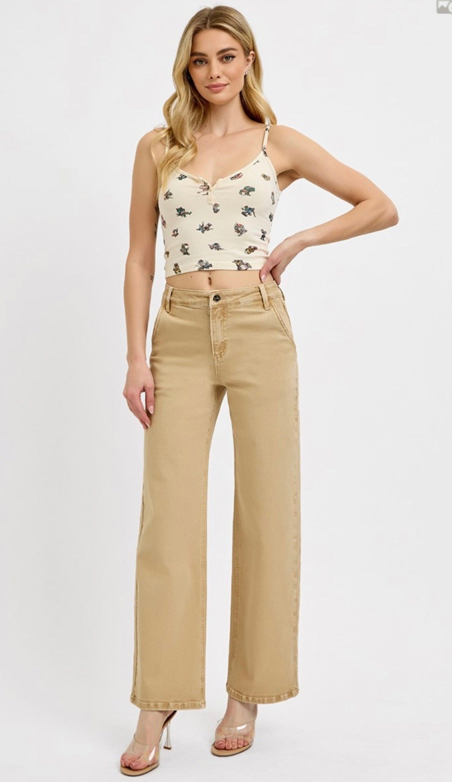 Risen Jeans Latte Slouchy Ankle Comfort Baggy Jeans with Tummy Control