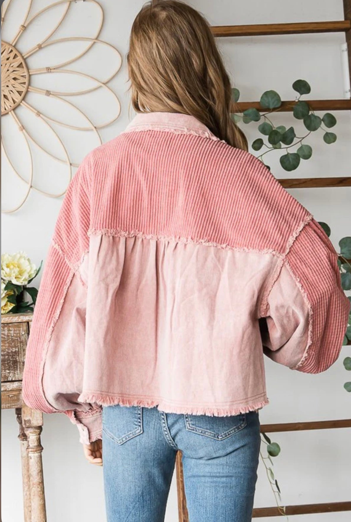 JJ0054 Washed Fabric Mixed Crop Jacket-Blush