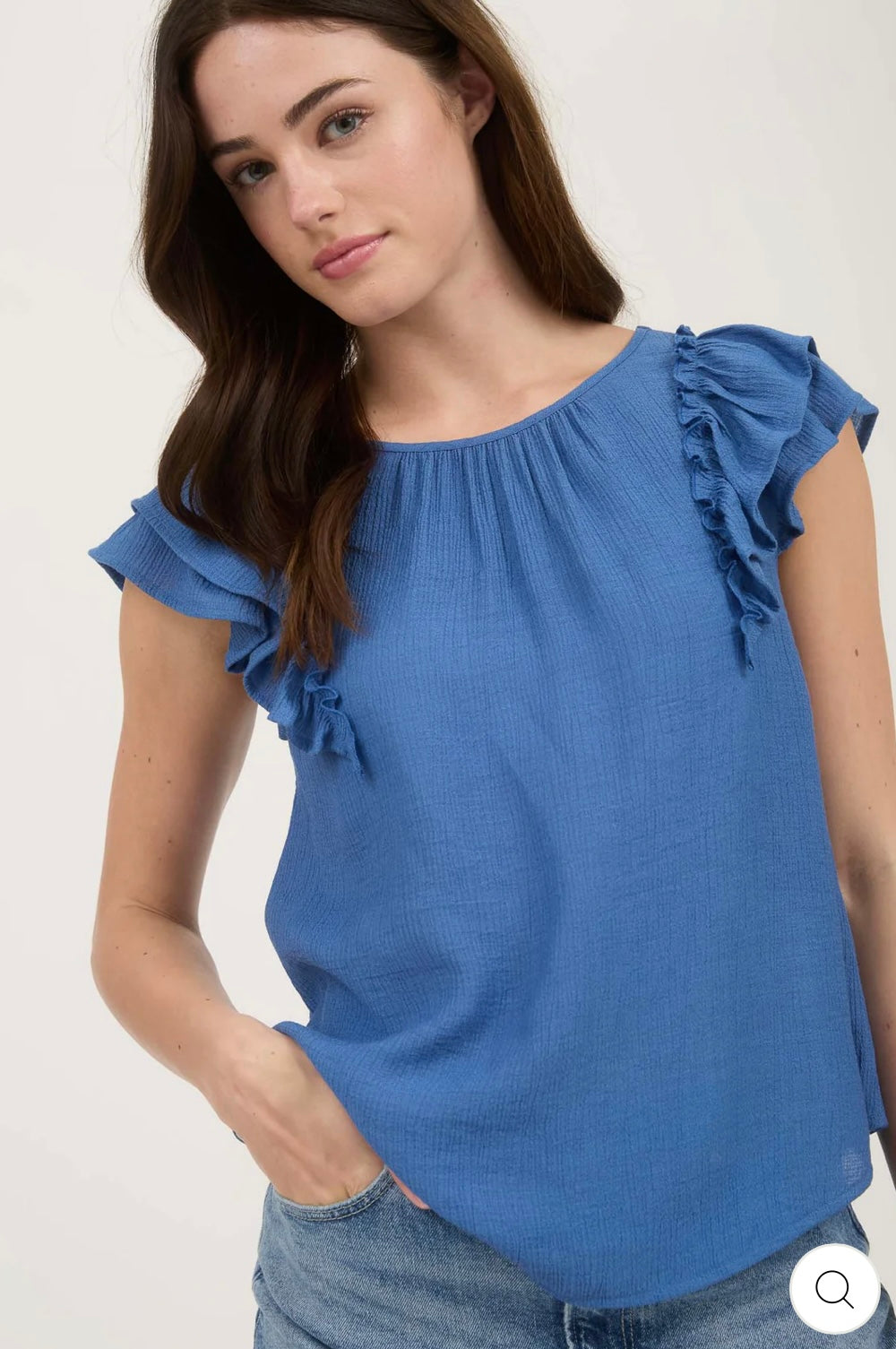 TB8904 RUFFLE DETAIL BACK BOW DETAIL SHORT SLEEVE TOP - MEDIUM BLUE