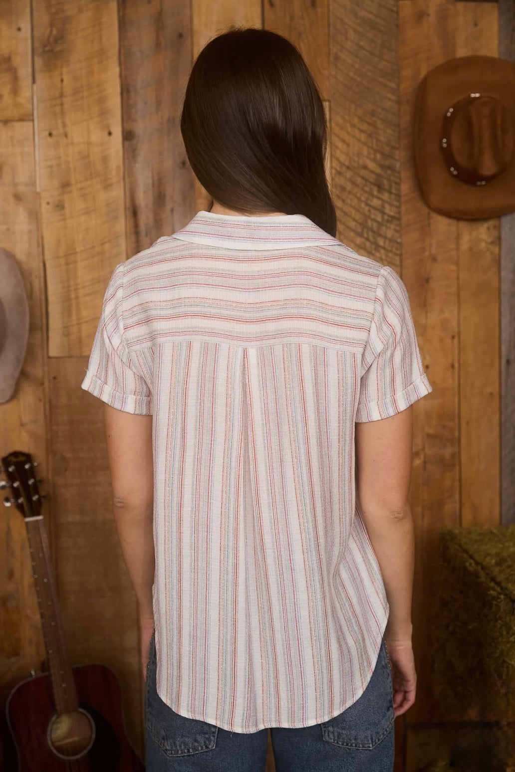 CR2637 MULTICOLOR STRIPE SHORT SLEEVE BUTTON DOWN TOP