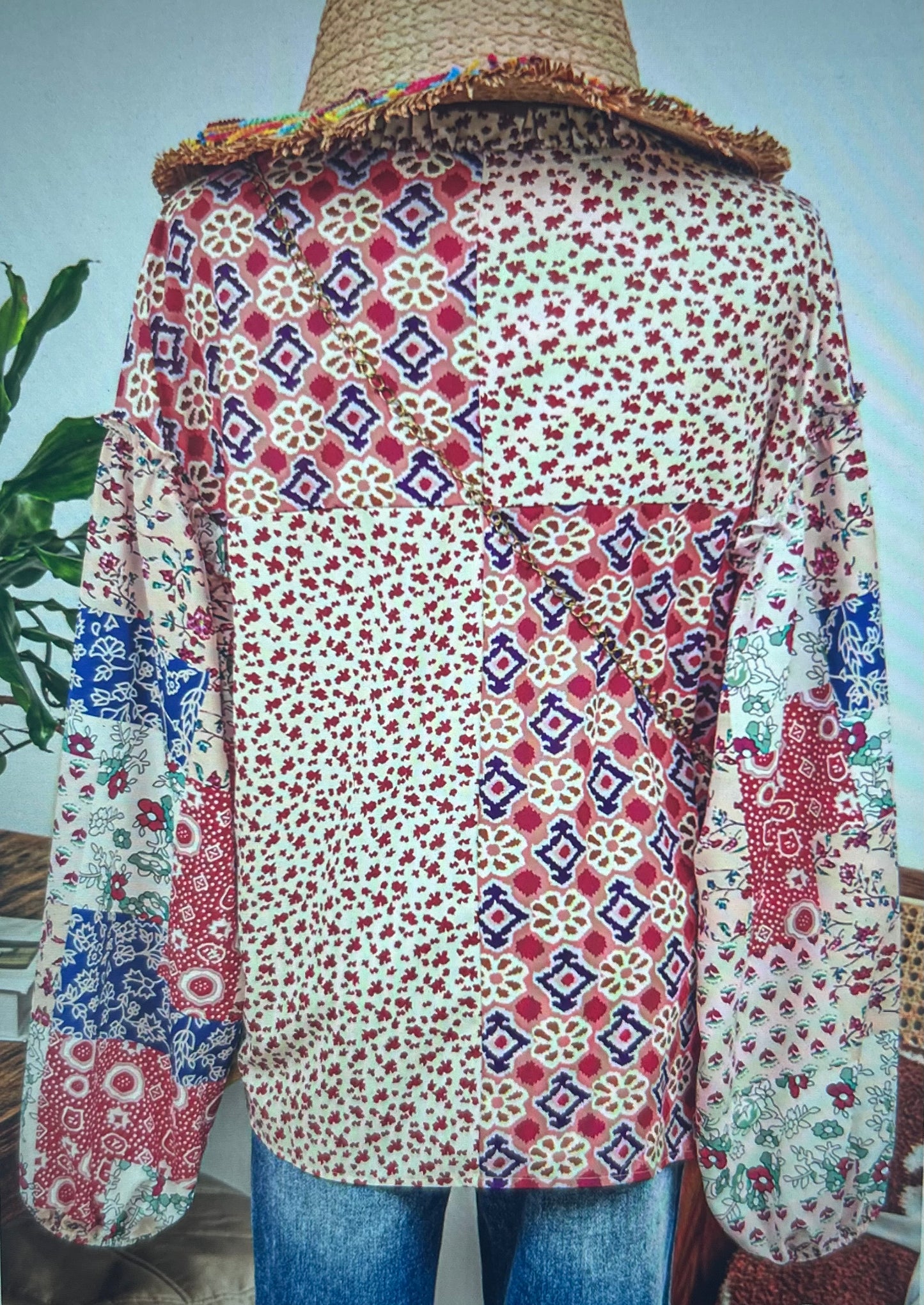 FW25129660-P1420 Western Mix Floral Long Sleeve Tied V Neck Blouse