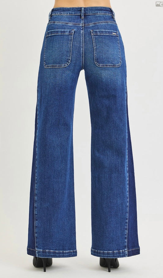 Risen Jeans-High Rise Wide Leg Contrast Side Panel Jeans