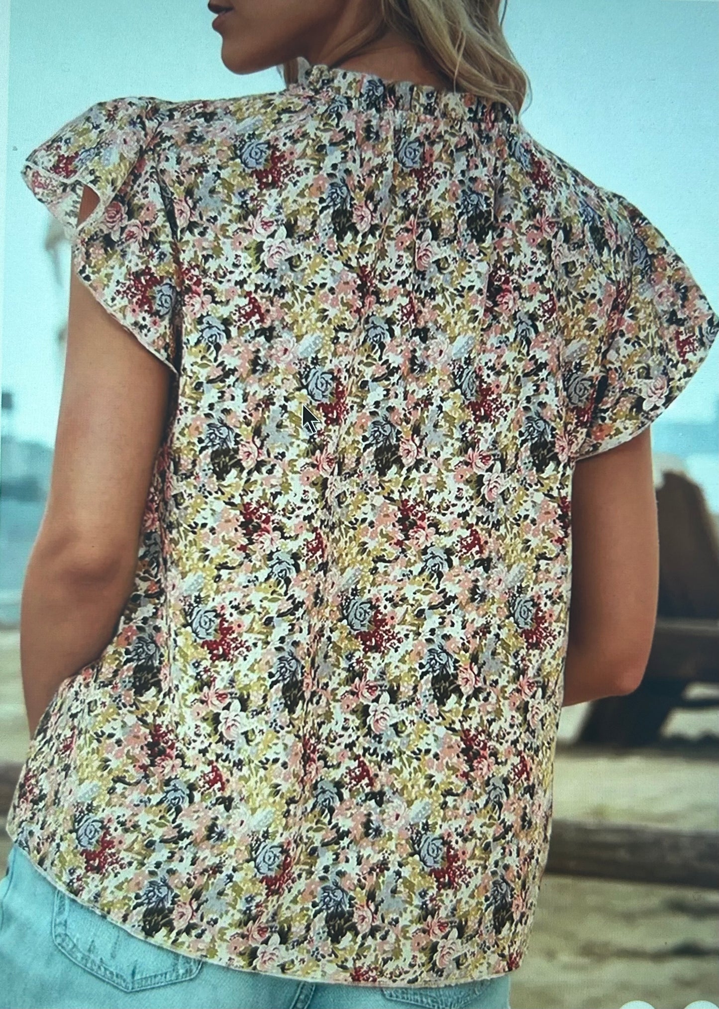 FW25127220-P322 Boho Floral Frill Button Neck Ruffle Blouse