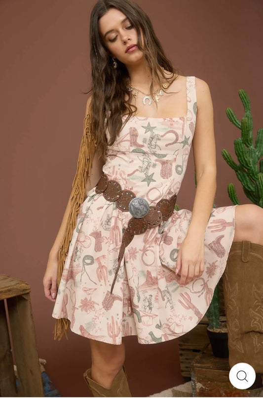 B5SD1074 WESTERN PRINT SLEEVELESS MINI DRESS