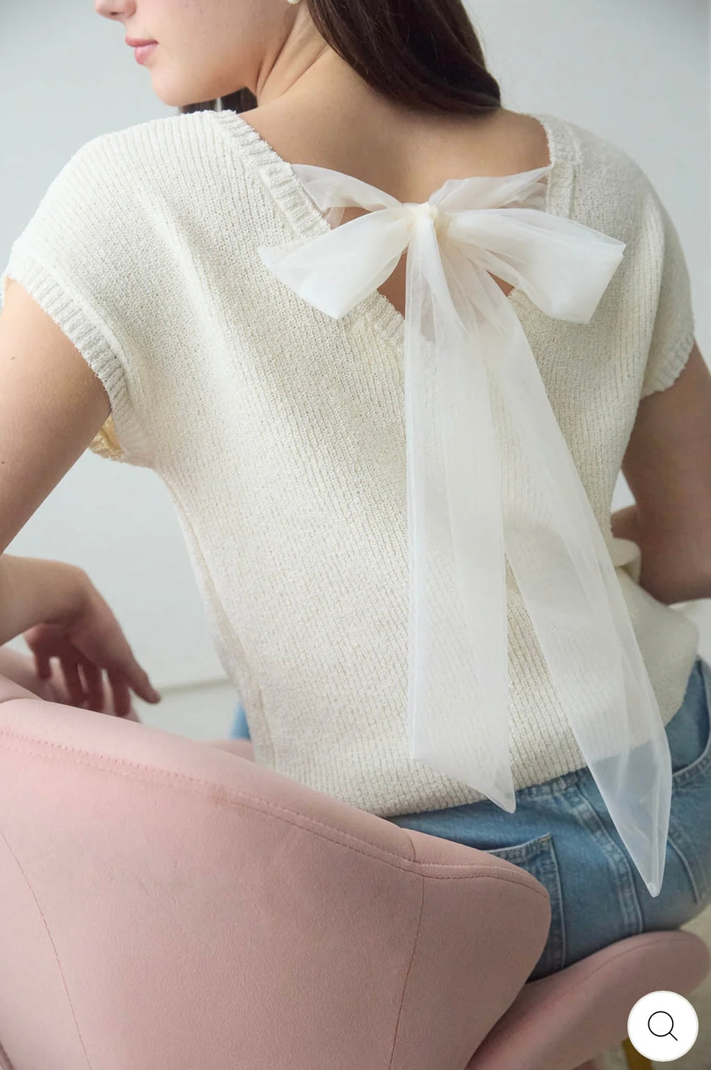 CR2591 BACK SHEER TIE SHORT SLEEVE KNIT SWEATER