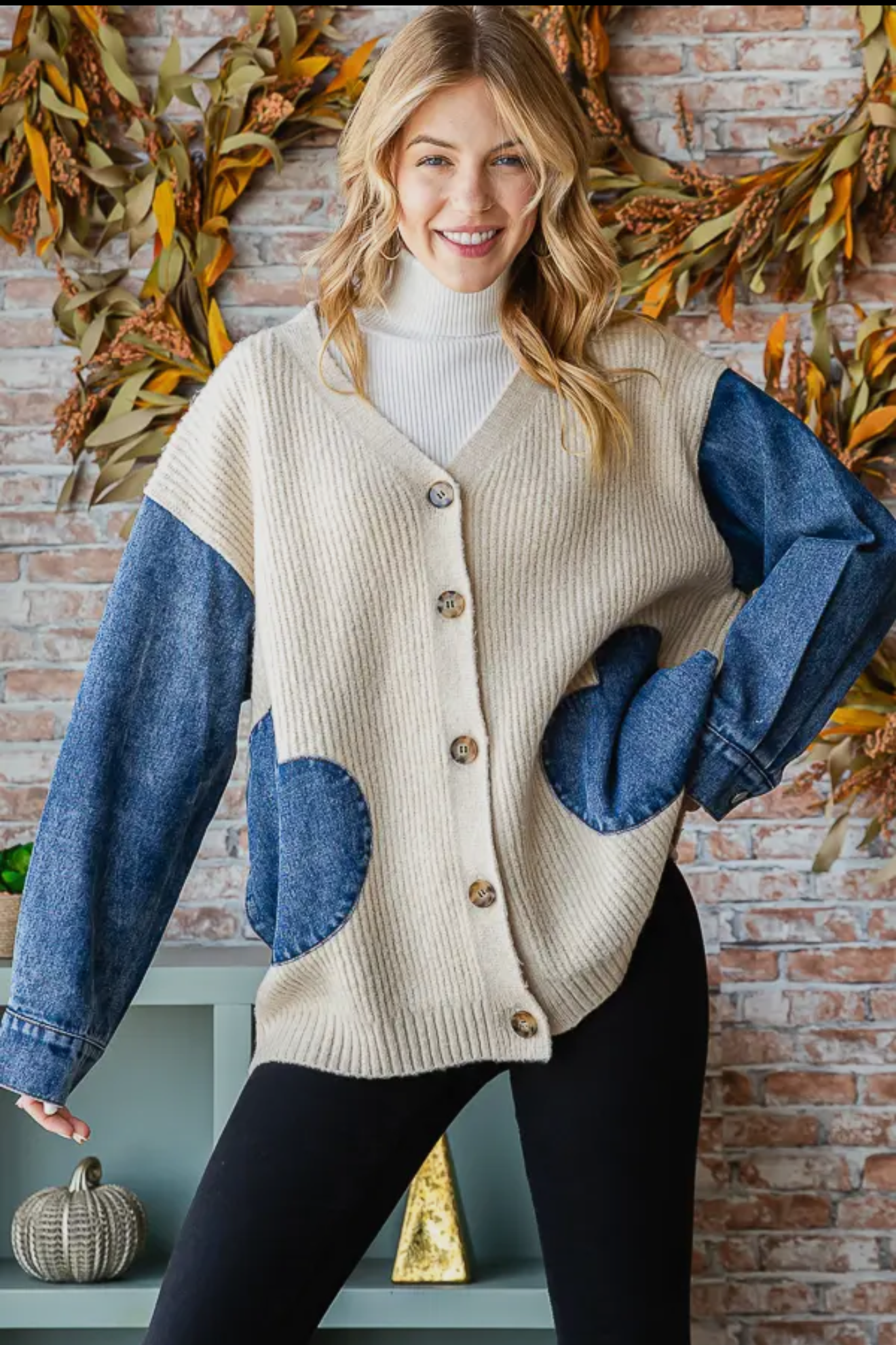 T5220 Knit Denim Contrast Heart Shaped Button Down Cardigan