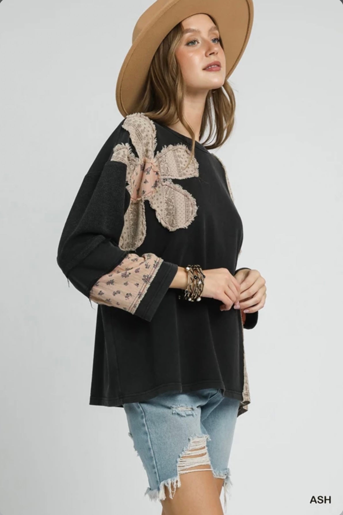 K0764  French Terry Patchwork Sleeve Pullover