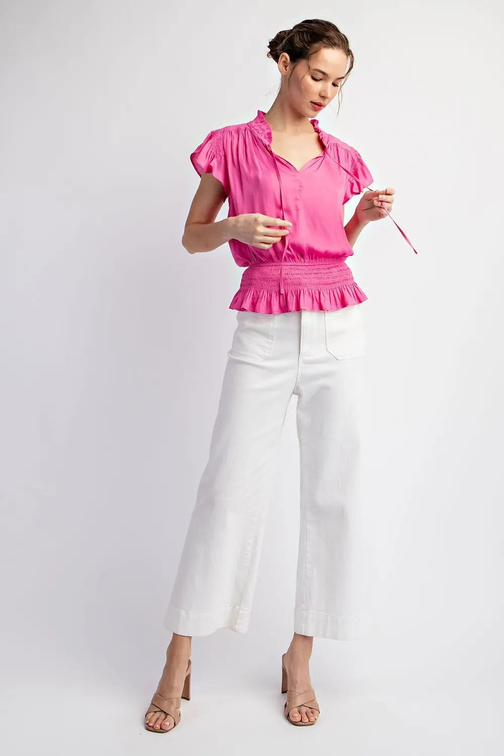 TK9815 SOLID SMOCKED SHORT SLEEVE TOP