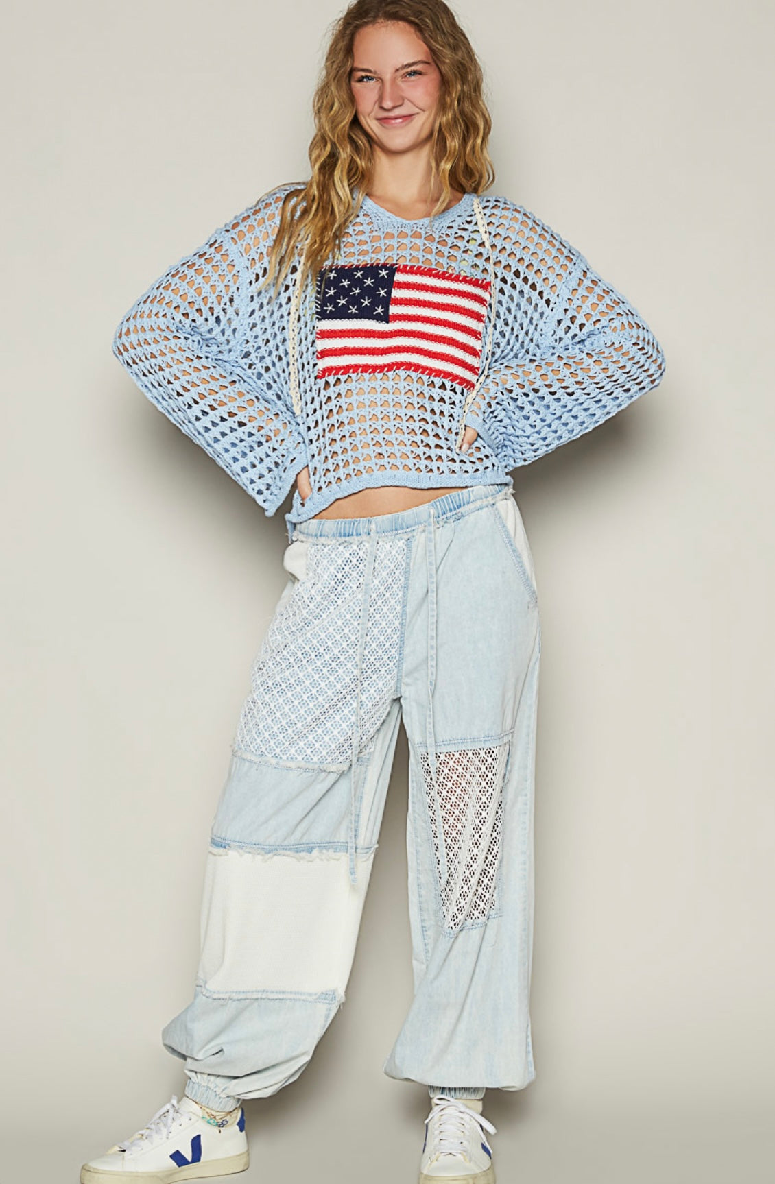 UST319 American Flag Crocheted Sweater Hoodie