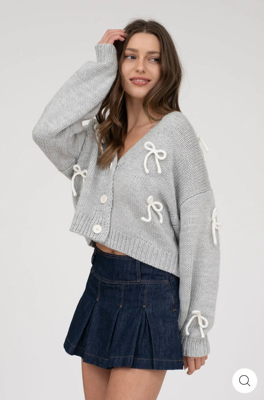 B5SJ1004 BOW DETAIL BUTTON DOWN CROPPED KNIT CARDIGAN