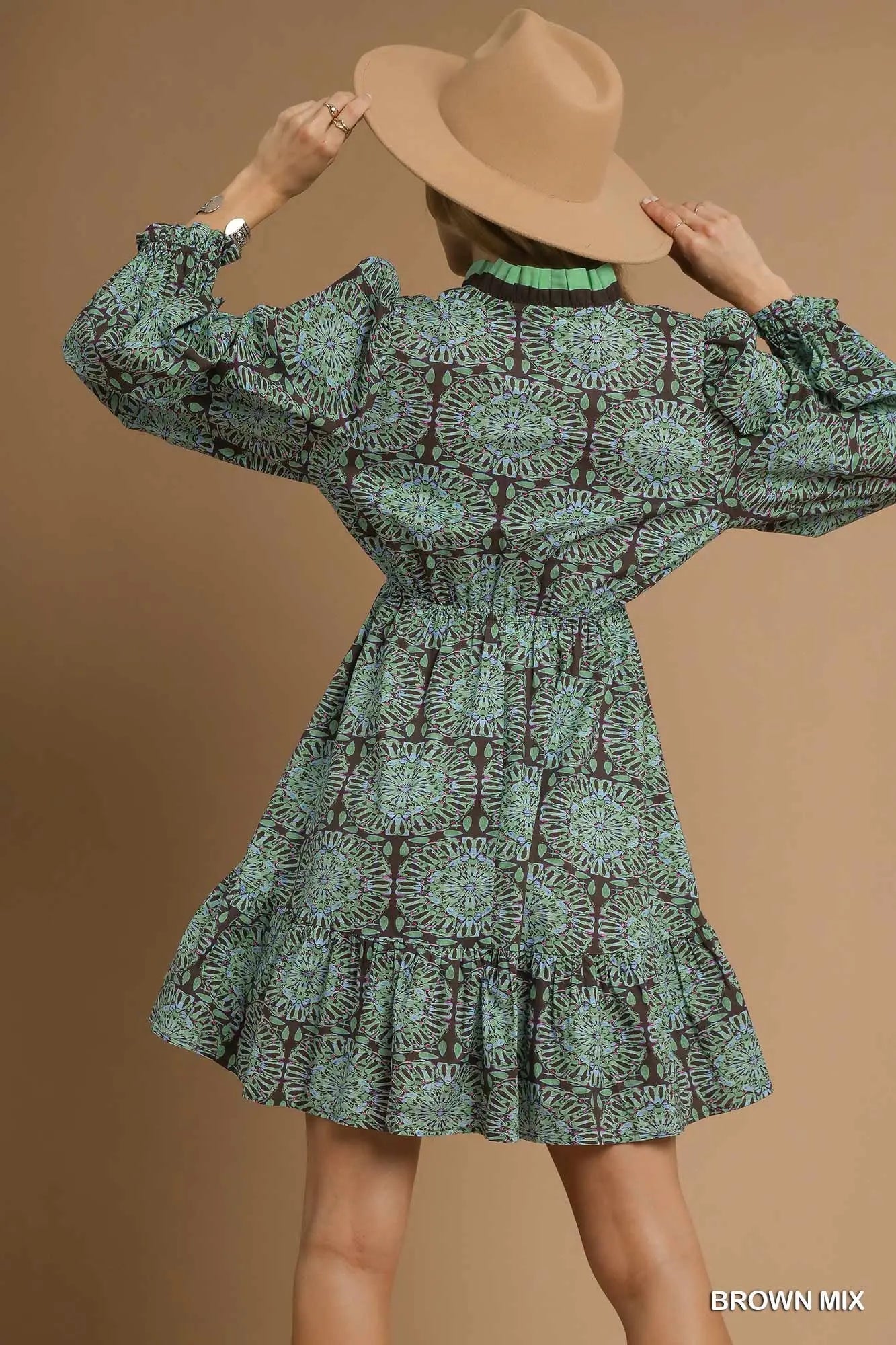 C5472 Two Tone Boho Print Long Sleeve Dress