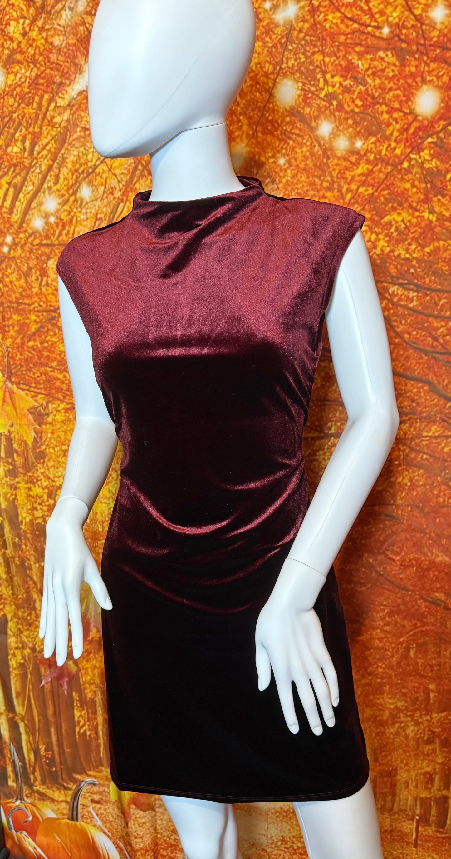 TWS1158 VELVET MOCK NECK SLEEVELESS MINI DRESS - RED WOOD