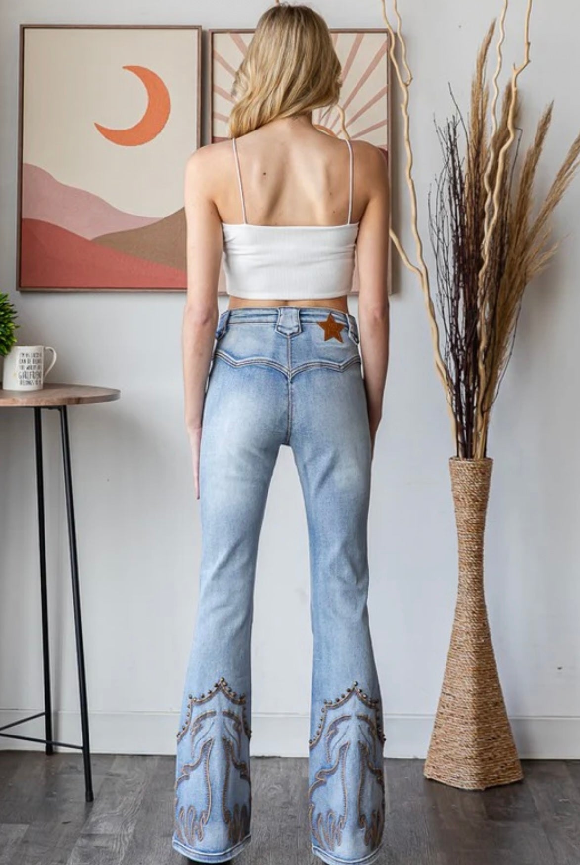 JP0643 EMBROIDERED STUD DETAIL FLAIRE HEM DENIM JEAN