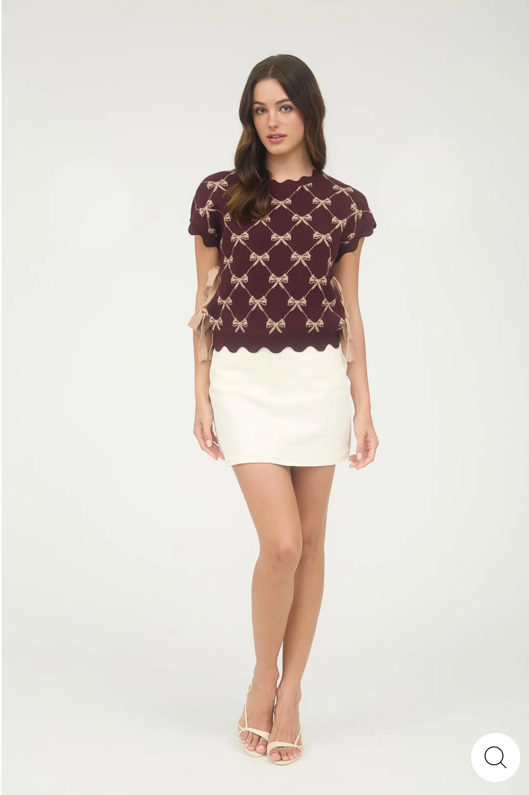 CR2592 BOW PATTERN SHORT SLEEVE SIDE TIE KNIT PULLOVER