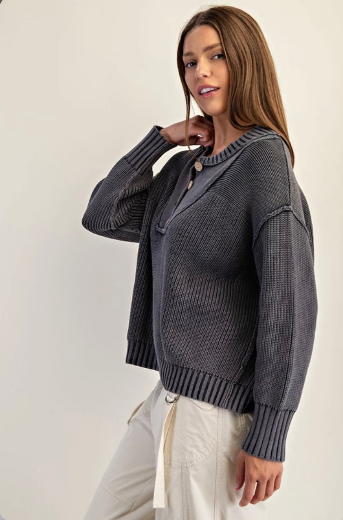 SK14167 
Half Button Front Long Sleeve Knit Pullover