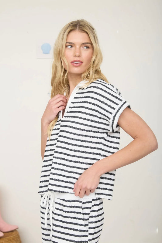 J6SX1017 TEXTURED STRIPE DRAWSTRING WIDE LEG LOUNGE SET