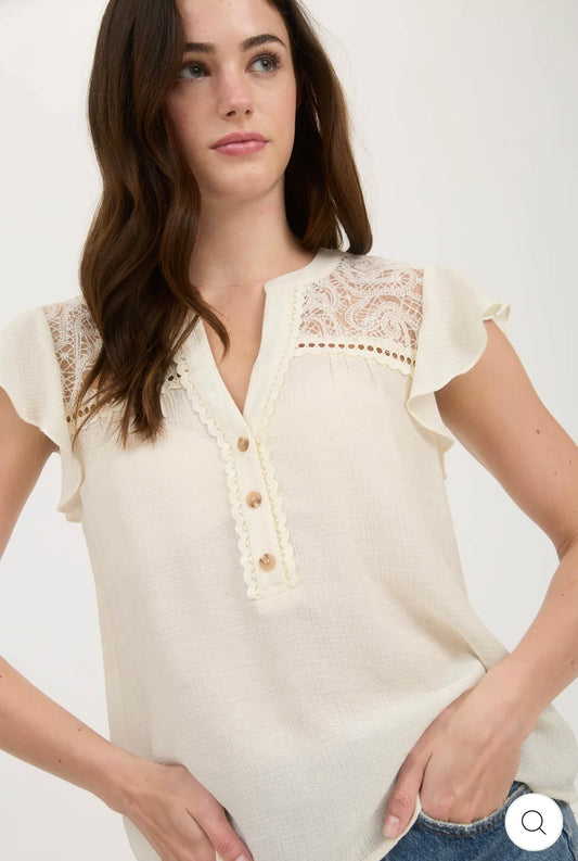 TB8848 EYELET LACE YOKE HALF BUTTON BLOUSE