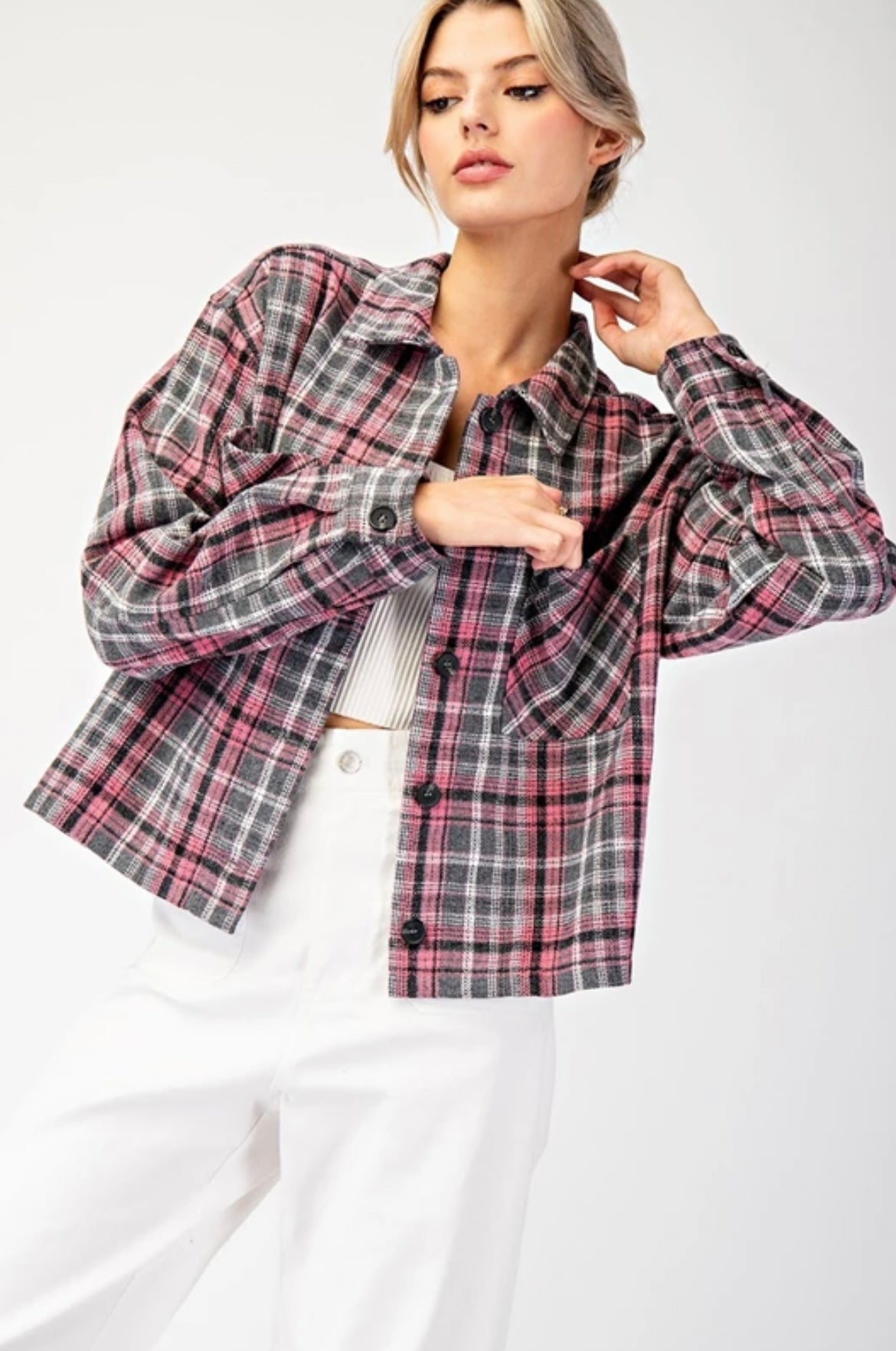 JK9095 MULTI-COLOR PLAID BUTTON DOWN SHACKET