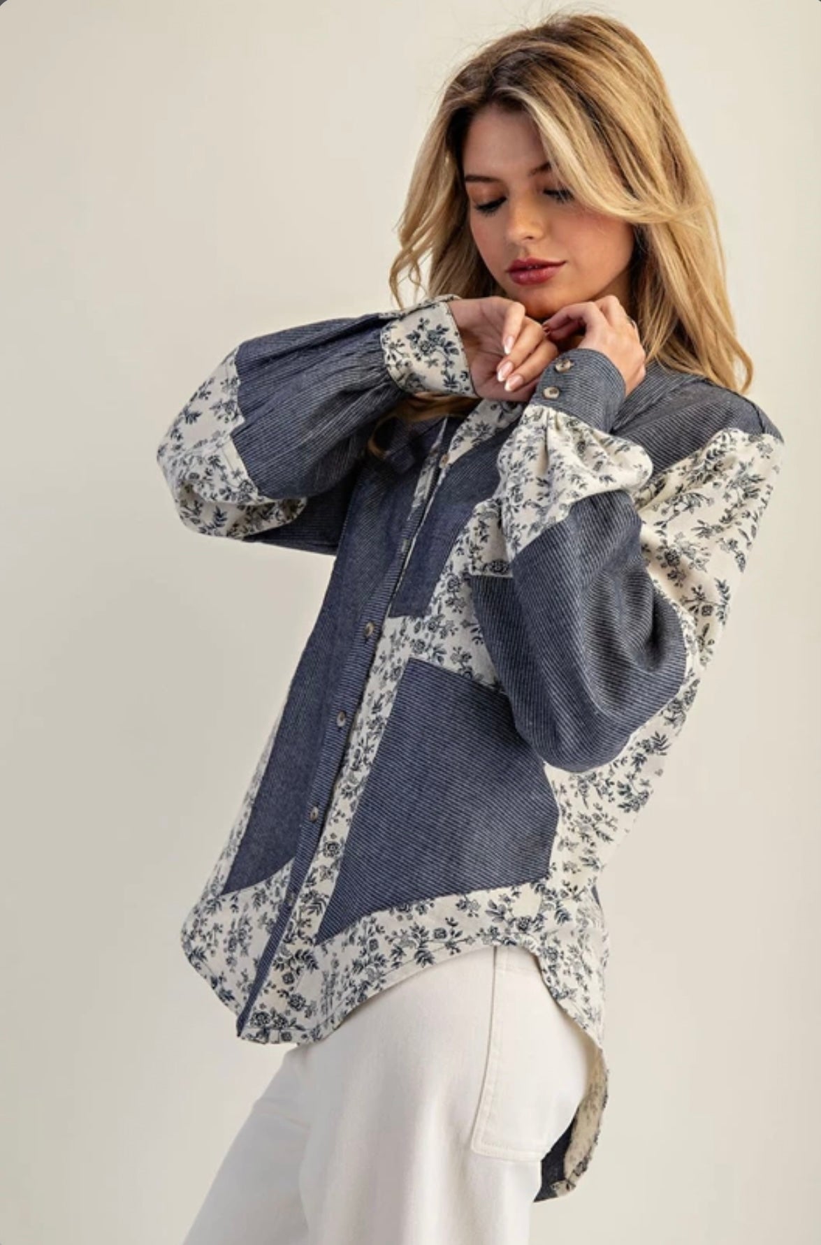 TY13137 Color Block Button Down Denim Shirt