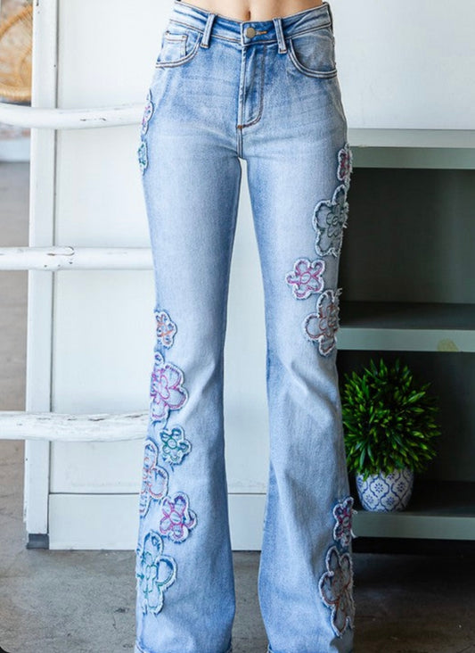 MB2108 WASHED FLOWER PATCHWORK FLARE HEM DENIM JEANS