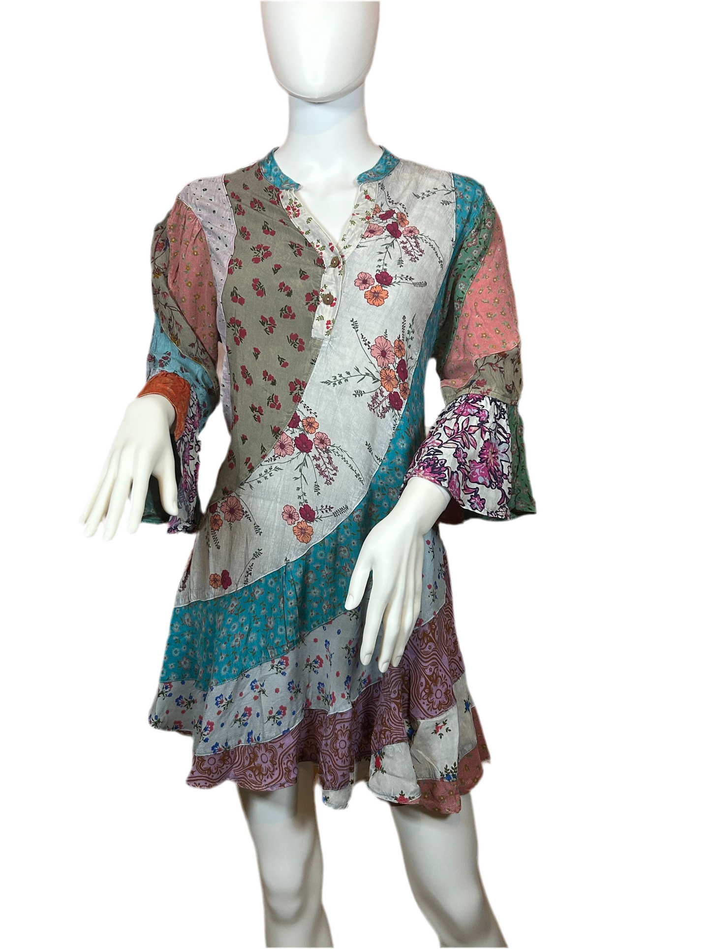 DR22602 Boho Patchwork Overdyed Babydoll Dress
