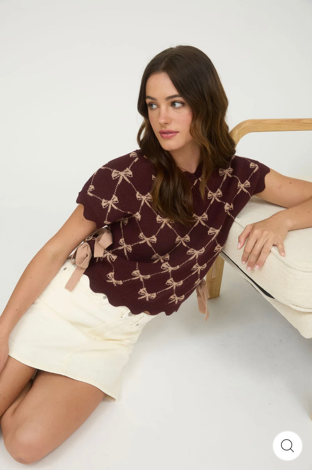 CR2592 BOW PATTERN SHORT SLEEVE SIDE TIE KNIT PULLOVER