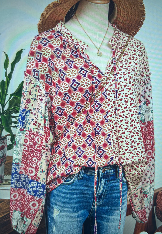FW25129660-P1420 Western Mix Floral Long Sleeve Tied V Neck Blouse