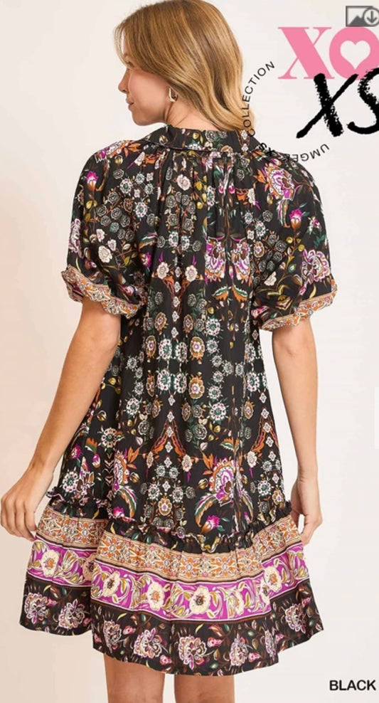 XS5092 Boho Chic Black Mix Floral Mini Dress