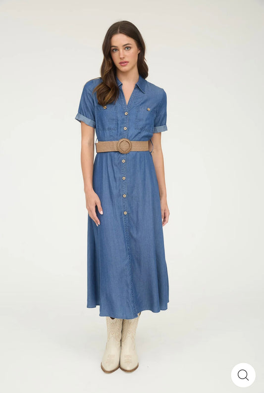 TB9023 CHAMBRAY COLLARED SHORT SLEEVE BELTED SHIRT DRESS