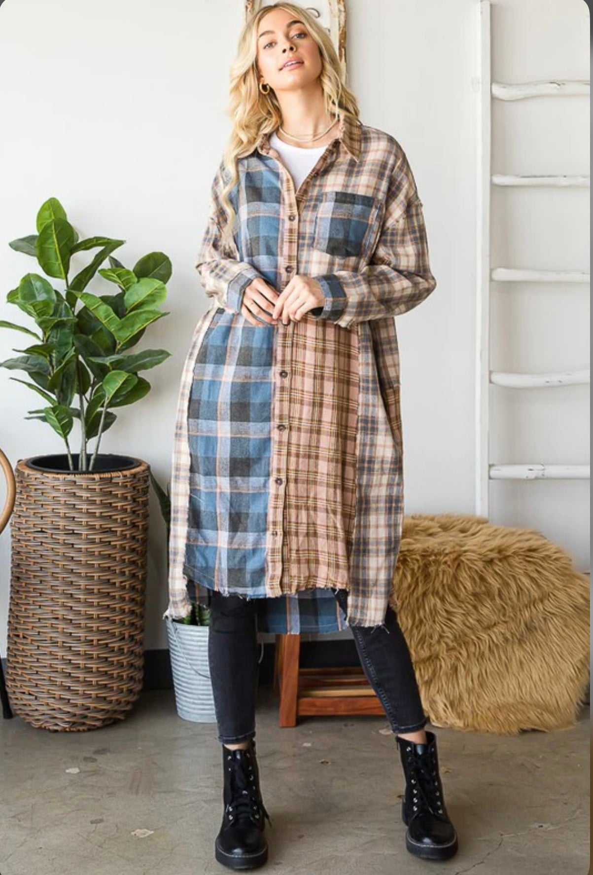 JT0004 WASHED PLAID MIXED LONGLINE SHIRT TOP