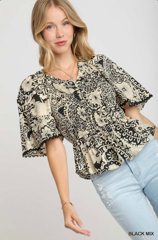 R0683 Two Tone Paisley Print Top- Black Mix