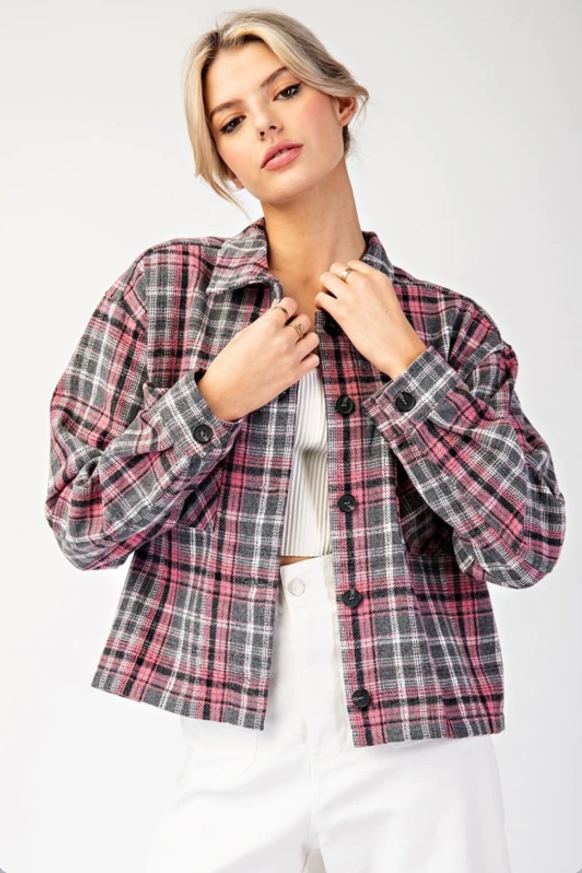 JK9095 MULTI-COLOR PLAID BUTTON DOWN SHACKET