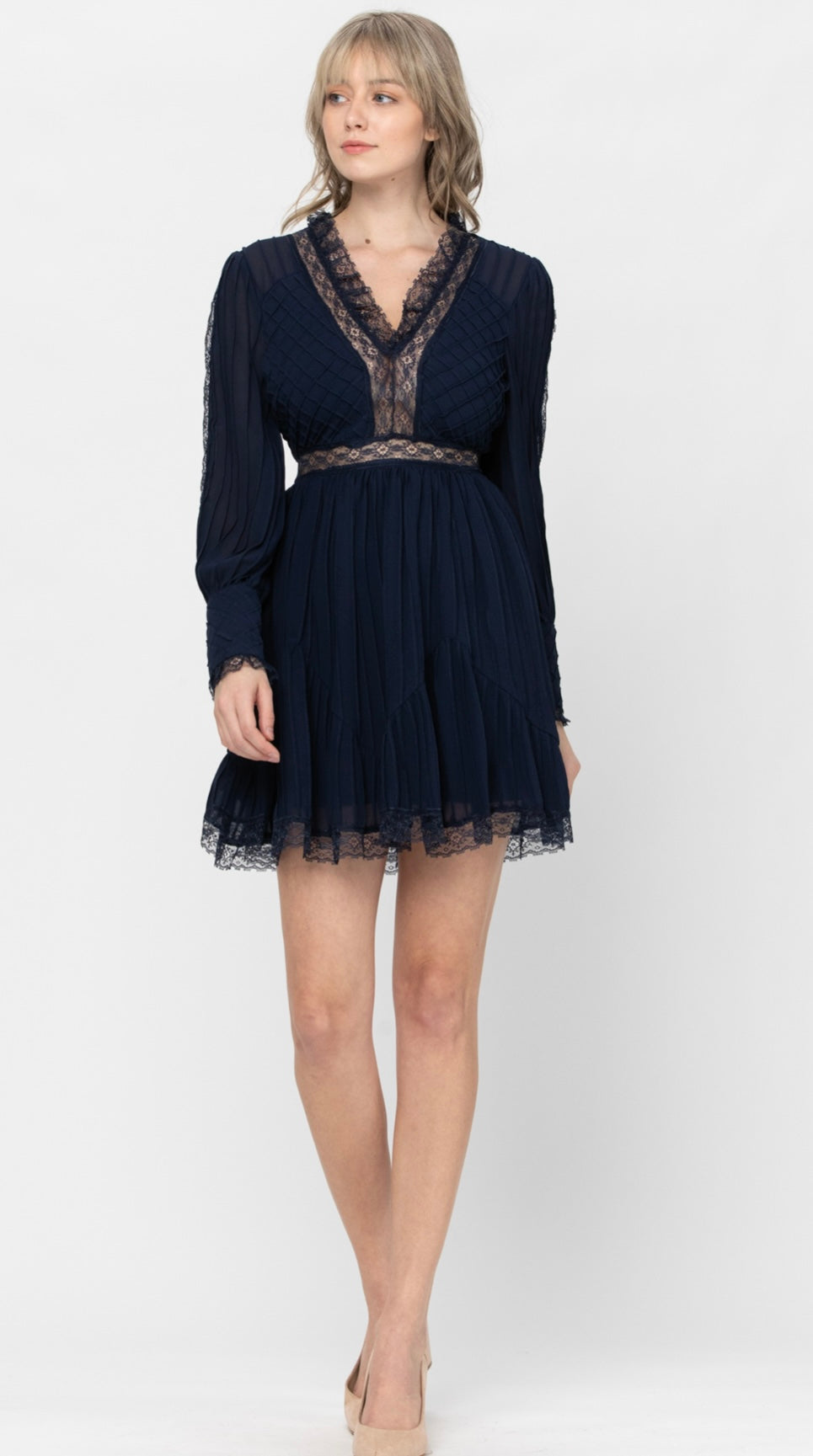 KD5145 Lace Trim Ruffle Short Dress