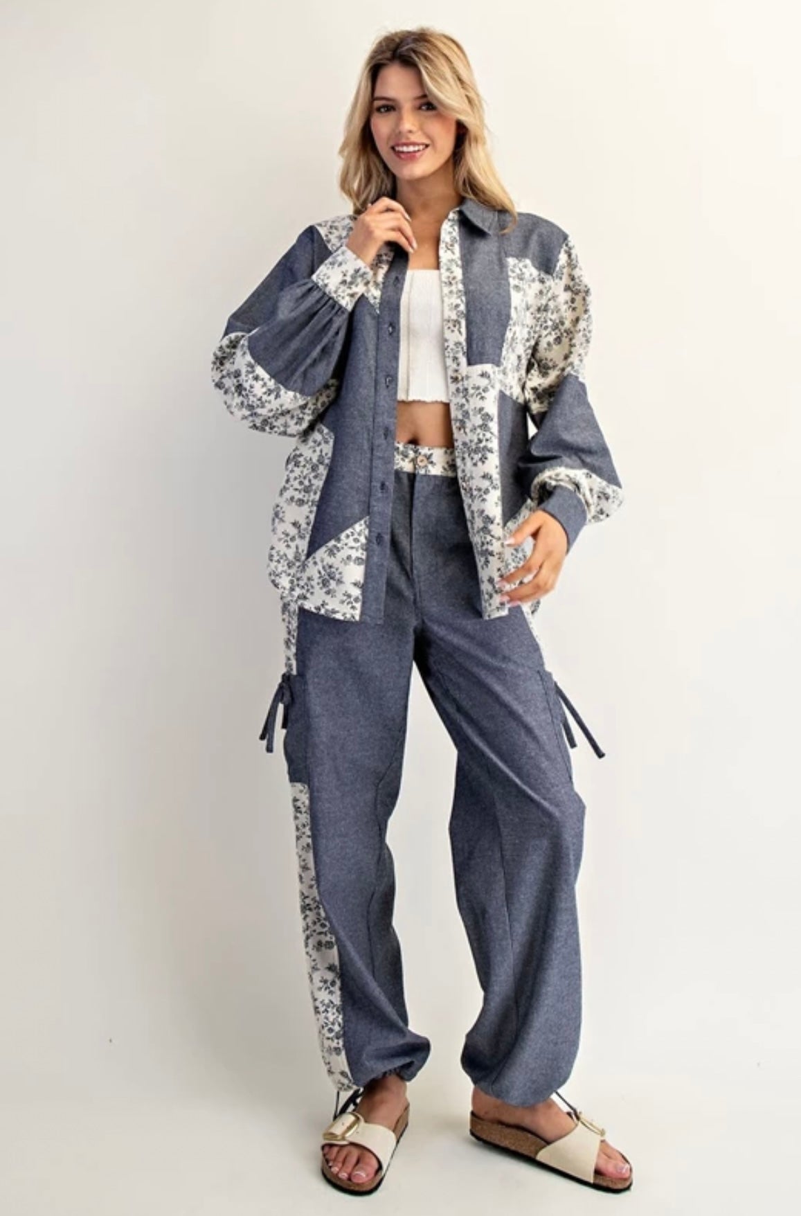 TY13137 Color Block Button Down Denim Shirt