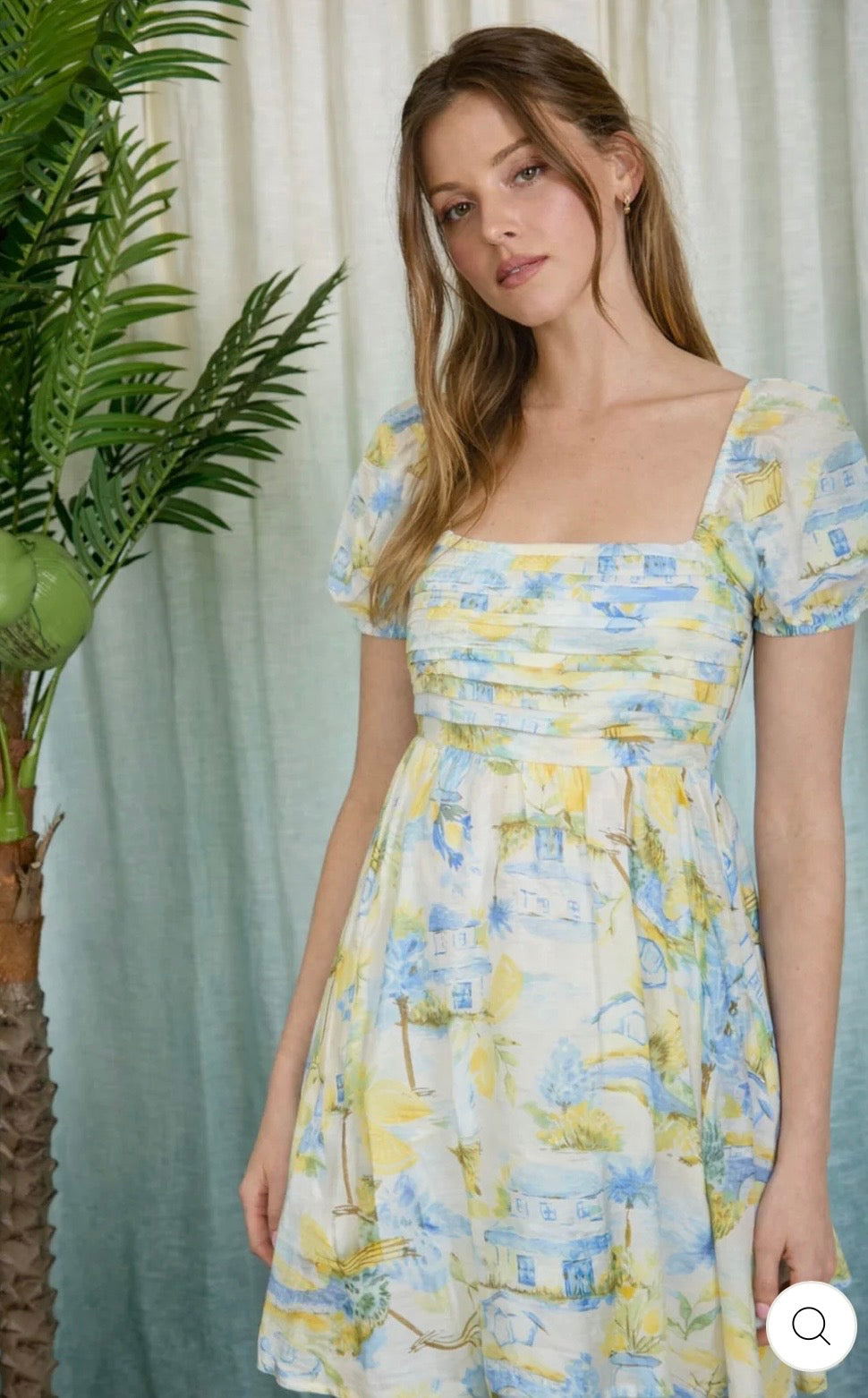 CR2916A Lemon Print Pleated Short Puff Sleeve Mini Dress