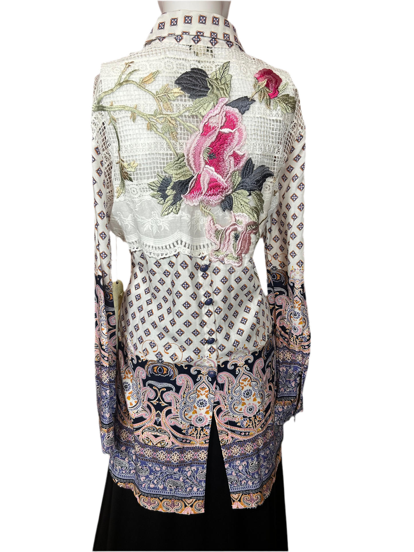 ARATTA Geometric Button Down Shirt with Embroidered Flower on back