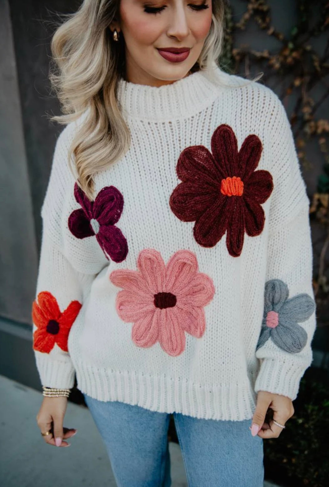 KDC-SWTR-03 TAN KNIT FLORAL STITCHED SWEATER